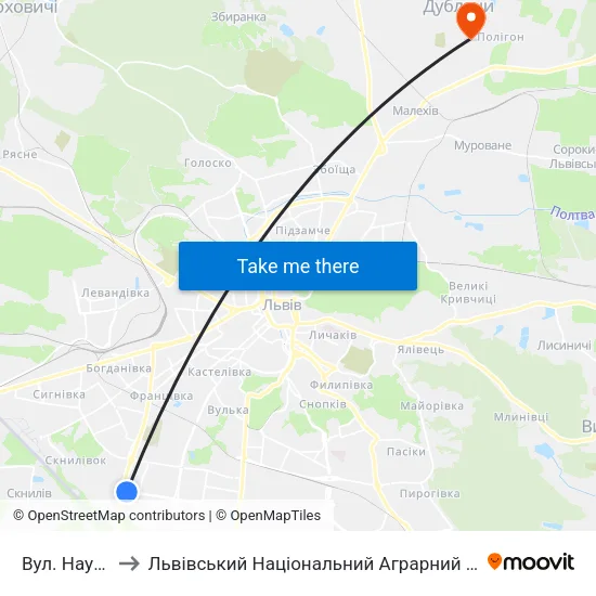 Вул. Наукова to Львівський Національний Аграрний Університет map