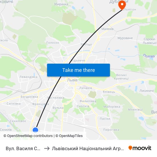 Вул. Василя Симоненка to Львівський Національний Аграрний Університет map