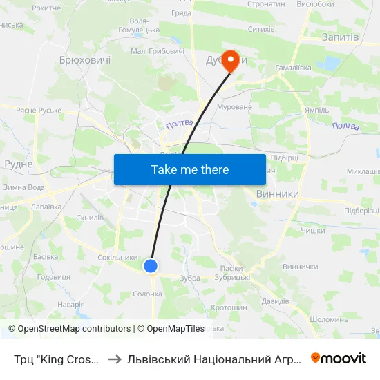 Трц "King Cross Leopolis" to Львівський Національний Аграрний Університет map