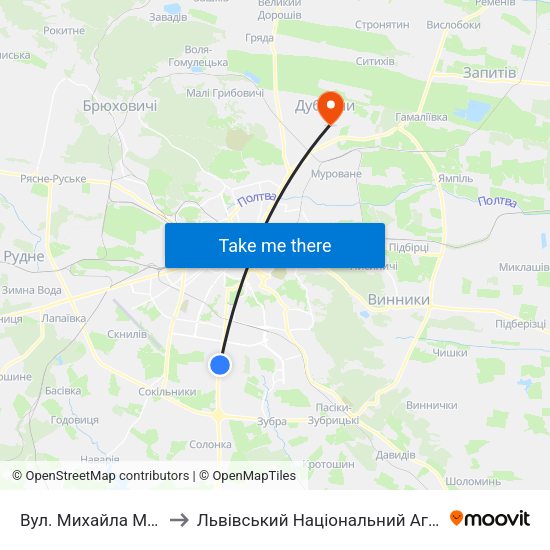 Вул. Михайла Максимовича to Львівський Національний Аграрний Університет map