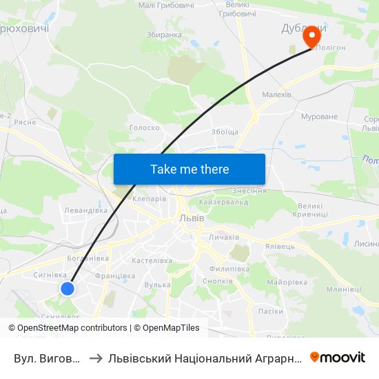 Вул. Виговського to Львівський Національний Аграрний Університет map