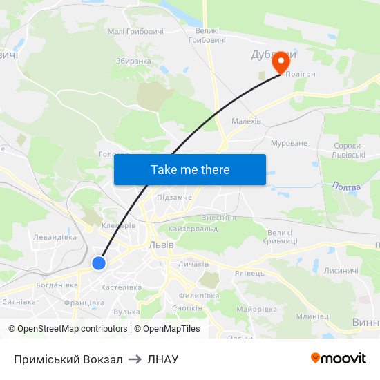 Приміський Вокзал to ЛНАУ map