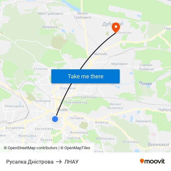 Русалка Дністрова to ЛНАУ map
