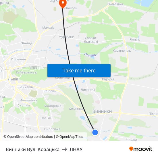 Винники Вул. Козацька to ЛНАУ map