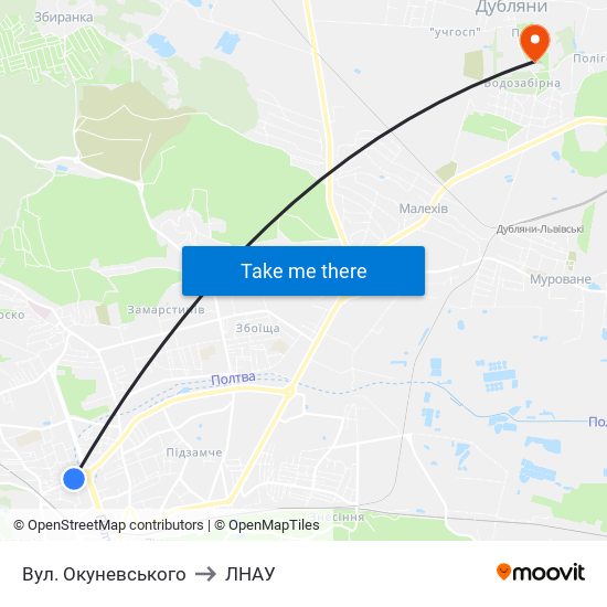 Вул. Окуневського to ЛНАУ map