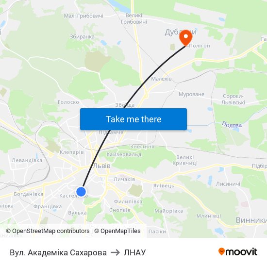 Вул. Академіка Сахарова to ЛНАУ map