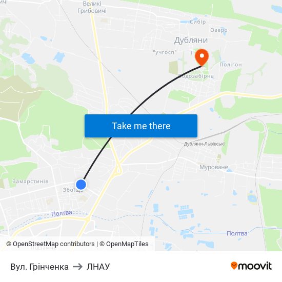 Вул. Грінченка to ЛНАУ map