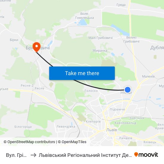 Вул. Грінченка to Львівський Регіональний Інститут Державного Управління map