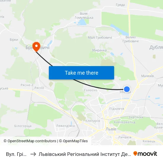 Вул. Грінченка to Львівський Регіональний Інститут Державного Управління map