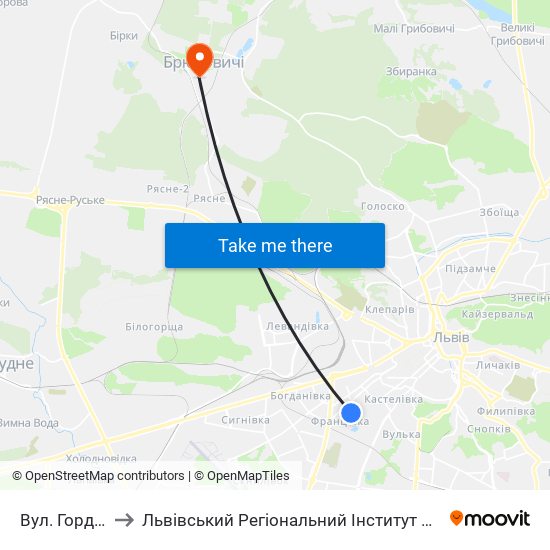 Вул. Гординських to Львівський Регіональний Інститут Державного Управління map