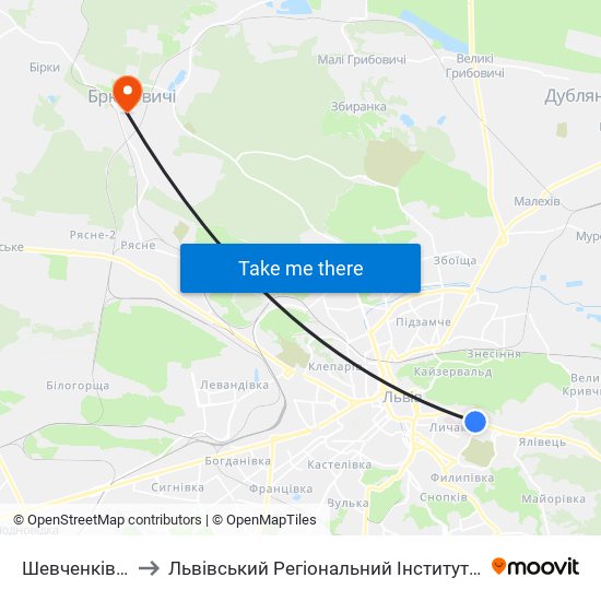 Шевченківський Гай to Львівський Регіональний Інститут Державного Управління map