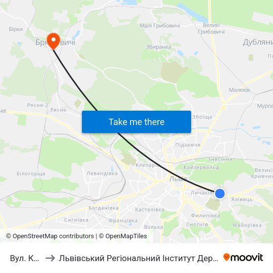 Вул. Котика to Львівський Регіональний Інститут Державного Управління map