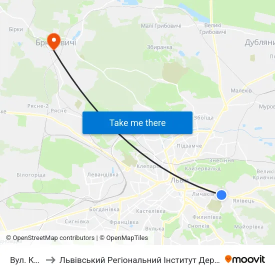 Вул. Котика to Львівський Регіональний Інститут Державного Управління map