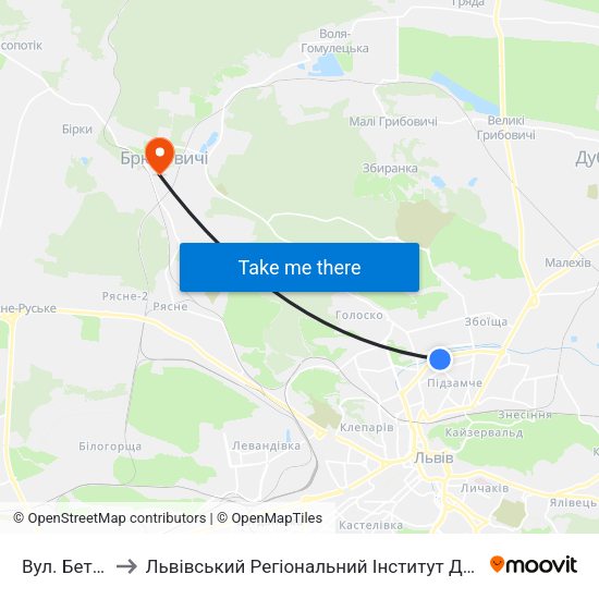 Вул. Бетховена to Львівський Регіональний Інститут Державного Управління map