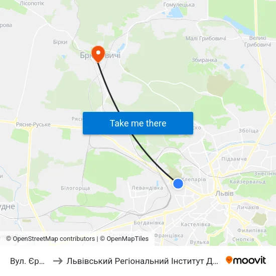 Вул. Єрошенка to Львівський Регіональний Інститут Державного Управління map