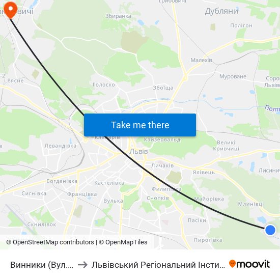 Винники (Вул. Ломоносова) to Львівський Регіональний Інститут Державного Управління map