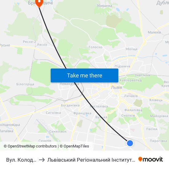 Вул. Колодзінського to Львівський Регіональний Інститут Державного Управління map