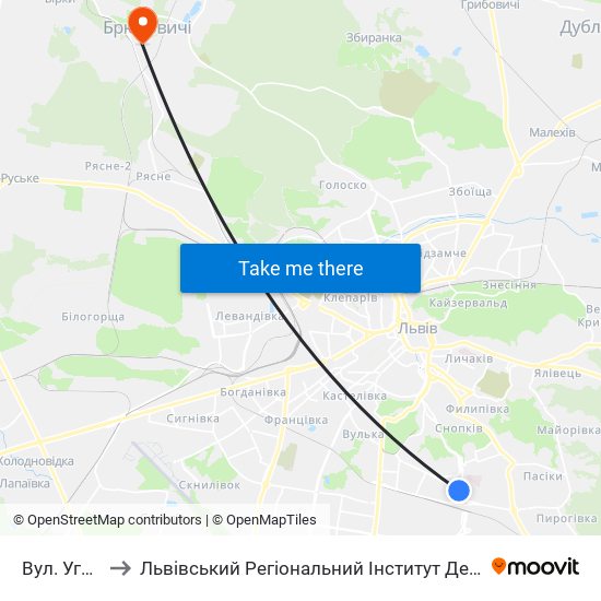 Вул. Угорська to Львівський Регіональний Інститут Державного Управління map