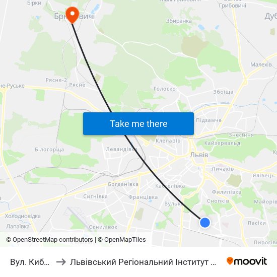Вул. Кибальчича to Львівський Регіональний Інститут Державного Управління map