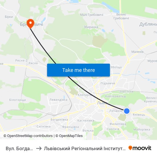 Вул. Богдана Котика to Львівський Регіональний Інститут Державного Управління map