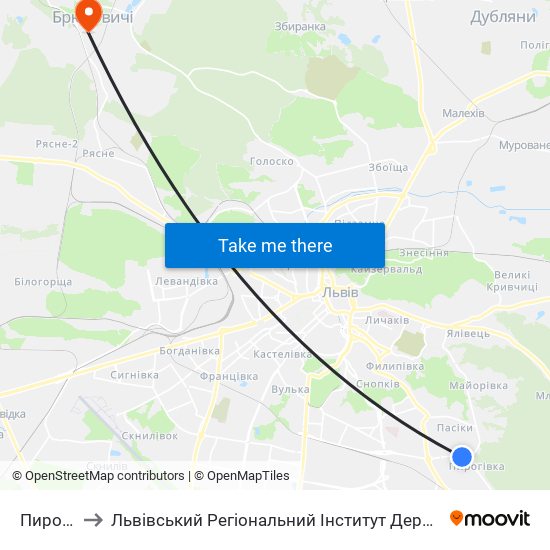 Пирогівка to Львівський Регіональний Інститут Державного Управління map