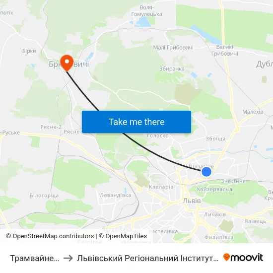 Трамвайне Депо №2 to Львівський Регіональний Інститут Державного Управління map