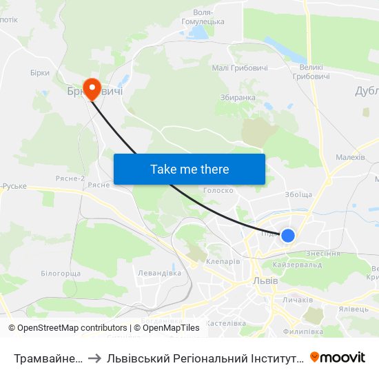 Трамвайне Депо №2 to Львівський Регіональний Інститут Державного Управління map