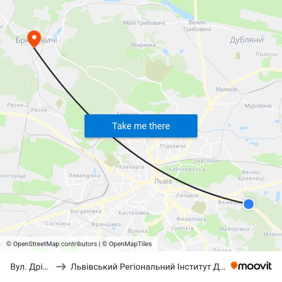 Вул. Дріжджова to Львівський Регіональний Інститут Державного Управління map