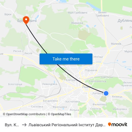 Вул. Котика to Львівський Регіональний Інститут Державного Управління map