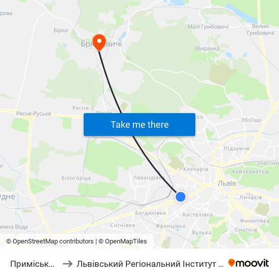 Приміський Вокзал to Львівський Регіональний Інститут Державного Управління map