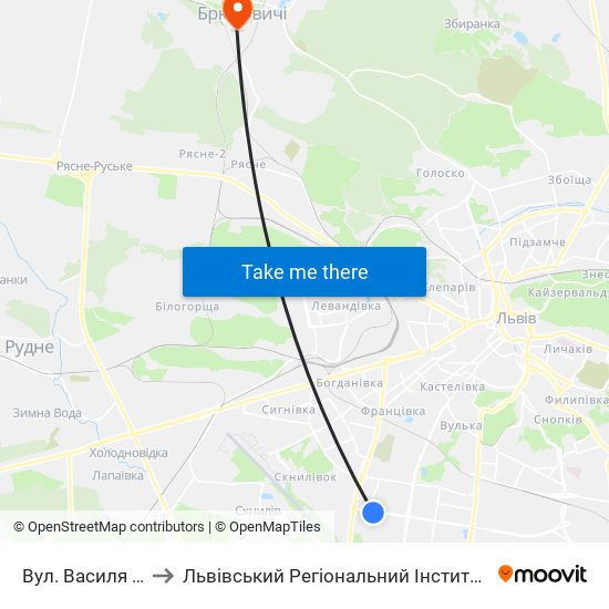 Вул. Василя Симоненка to Львівський Регіональний Інститут Державного Управління map