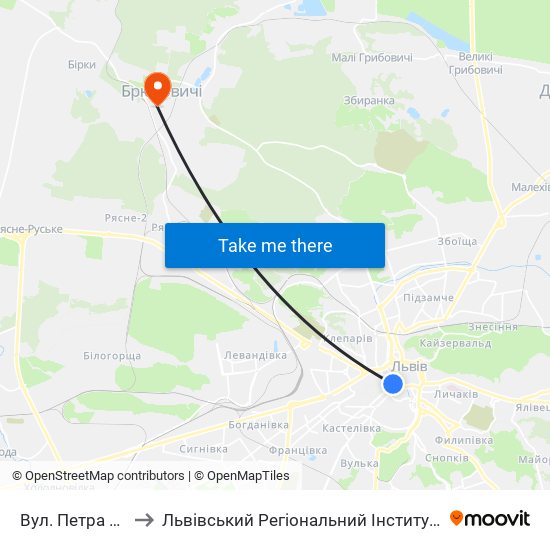 Вул. Петра Дорошенка to Львівський Регіональний Інститут Державного Управління map
