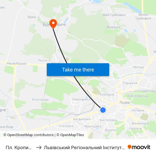Пл. Кропивницького to Львівський Регіональний Інститут Державного Управління map