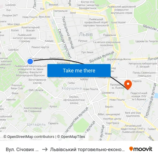 Вул. Січових Стрільців to Львівський торговельно-економічний університет map