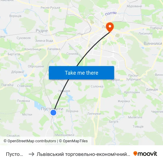 Пустомити to Львівський торговельно-економічний університет map