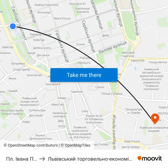 Пл. Івана Підкови to Львівський торговельно-економічний університет map