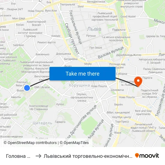 Головна Пошта to Львівський торговельно-економічний університет map