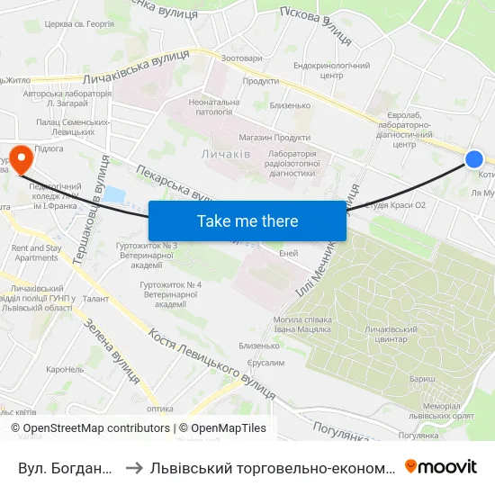 Вул. Богдана Котика to Львівський торговельно-економічний університет map