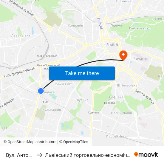Вул. Антоновича to Львівський торговельно-економічний університет map