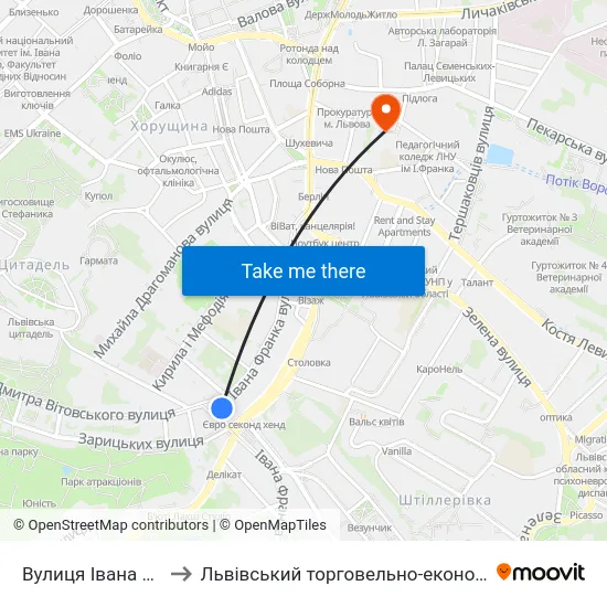Вулиця Івана Франка, 75 to Львівський торговельно-економічний університет map