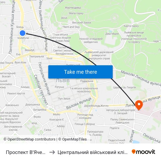 Проспект В’Ячеслава Чорновола to Центральний військовий клінічний госпіталь ЗахОК 1120 map
