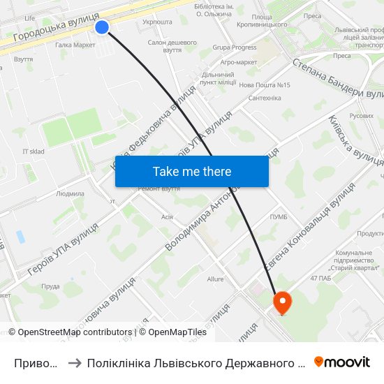 Привокзальний Ринок to Поліклініка Львівського Державного Онкологічного Регіонального Лікувально-діагностичного Центру map