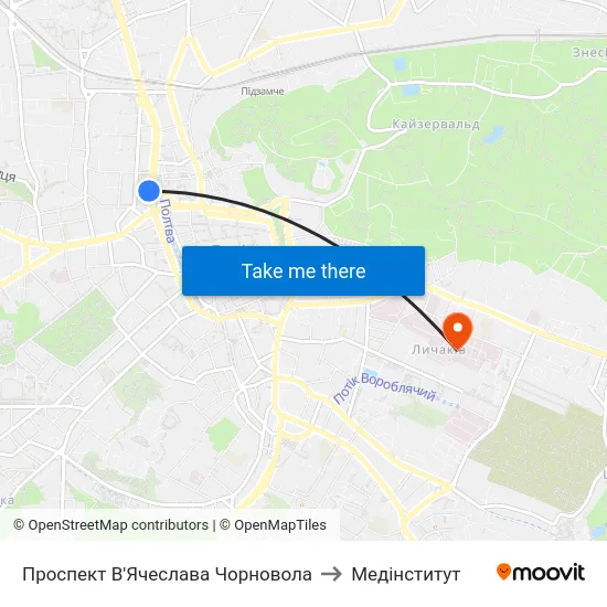 Проспект В'Ячеслава Чорновола to Медінститут map