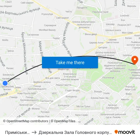 Приміський Вокзал to Дзеркальна Зала Головного корпусу ЛНУ ім. Івана Франка map