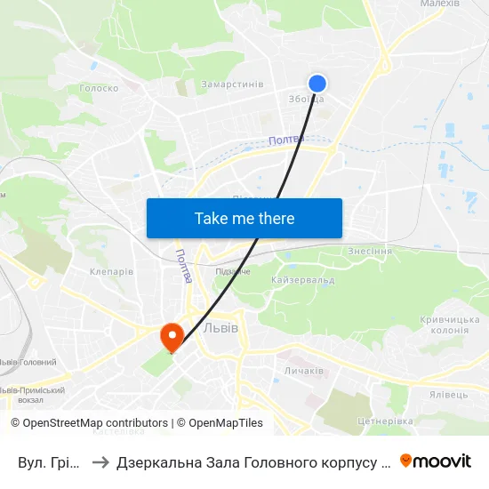 Вул. Грінченка to Дзеркальна Зала Головного корпусу ЛНУ ім. Івана Франка map