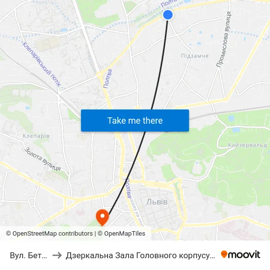 Вул. Бетховена to Дзеркальна Зала Головного корпусу ЛНУ ім. Івана Франка map