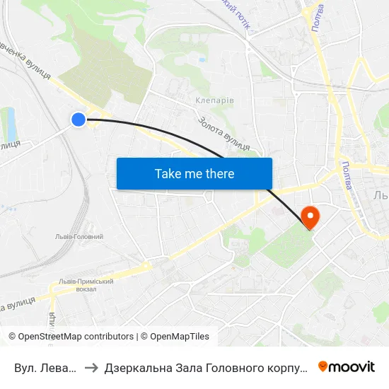 Вул. Левандівська to Дзеркальна Зала Головного корпусу ЛНУ ім. Івана Франка map