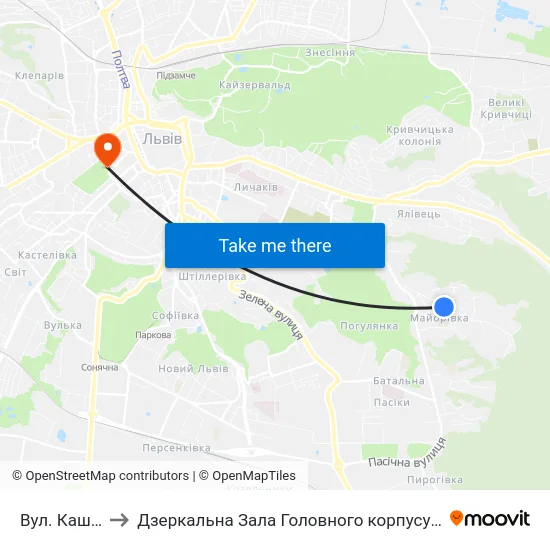 Вул. Каштанова to Дзеркальна Зала Головного корпусу ЛНУ ім. Івана Франка map