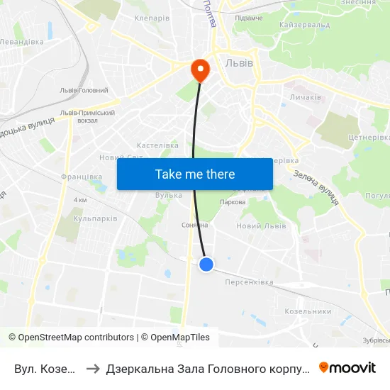 Вул. Козельницька to Дзеркальна Зала Головного корпусу ЛНУ ім. Івана Франка map