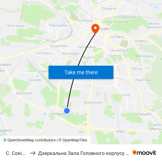 С. Сокільники to Дзеркальна Зала Головного корпусу ЛНУ ім. Івана Франка map